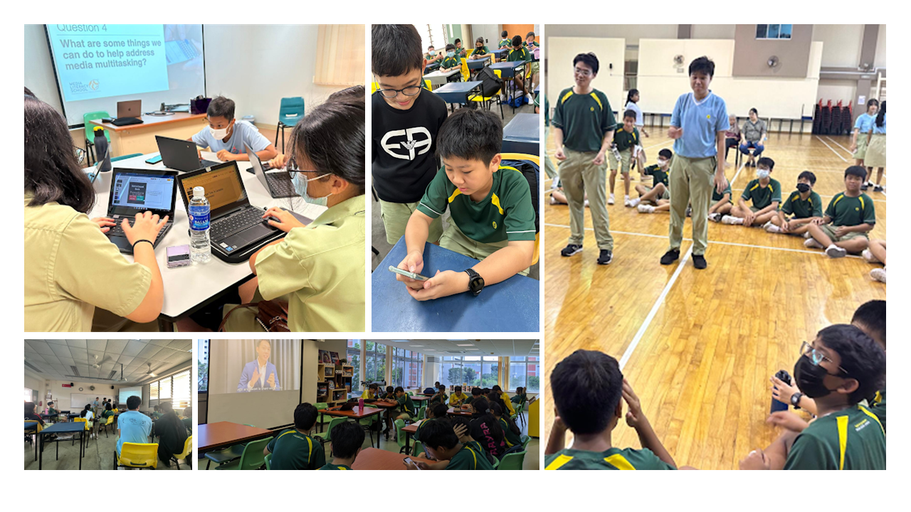 Students in green uniforms engage in classroom and gym activities, using laptops, phones, and watching a projected video.